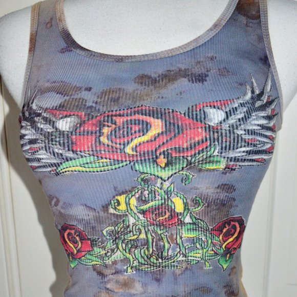 TANK TOP FADED PURPLE TATTO PRINT ROSES RED & BLUE COTTON RIB FITS SMALL - Picture 1 of 12